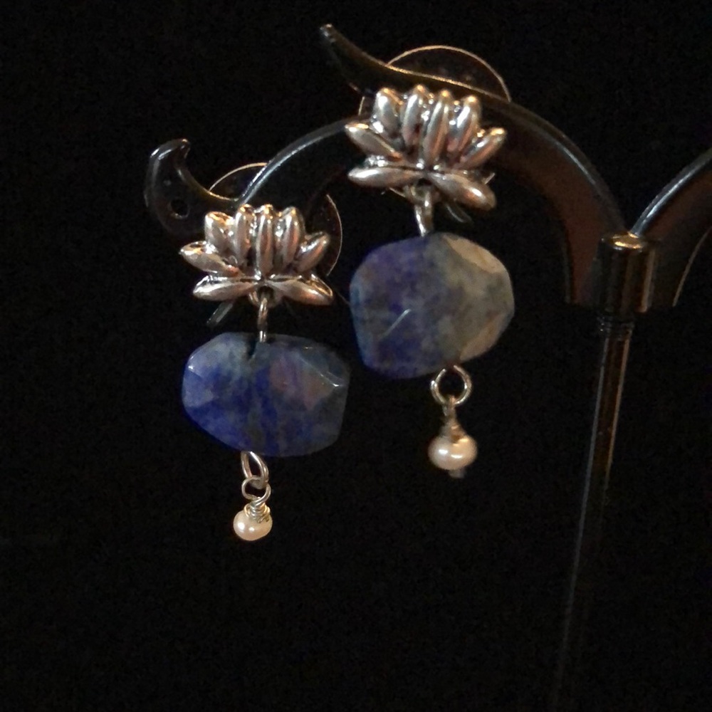 Fresh & Co white gold dipped lotus & faux lapis dangle silver post earrings